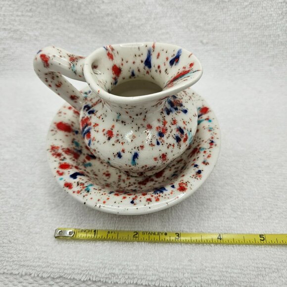 Pitcher Bowl Pottery Set Miniature Orange Blue Teal Glaze Signed F 1968 Vtg - Picture 1 of 8